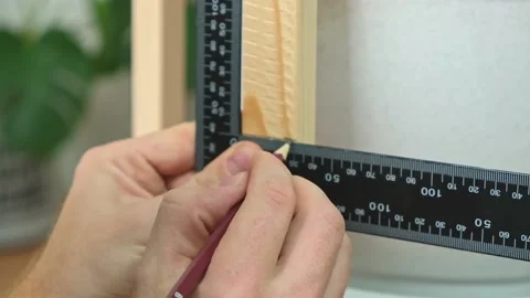 A carpenter using carpenter square to mark the line of wood cut for construction Stock Footage 220219348