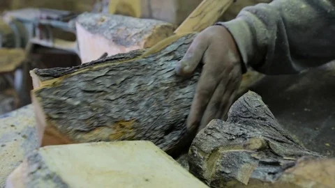 Carpenter Using Circular Saw cutting wood in workshop Stock Footage 70874714