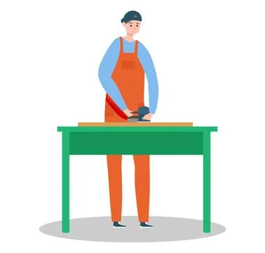 Carpenter using electric sander on workbench. Male worker with cap sanding wood Ilustração Stock