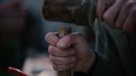 Carpenter using mallet and chisel slow motion, moody colour, rustic Stock Footage 271196449