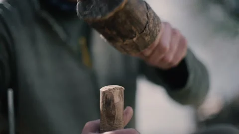 Carpenter using mallet and chisel slow motion, hand carving Stock Footage 271199043