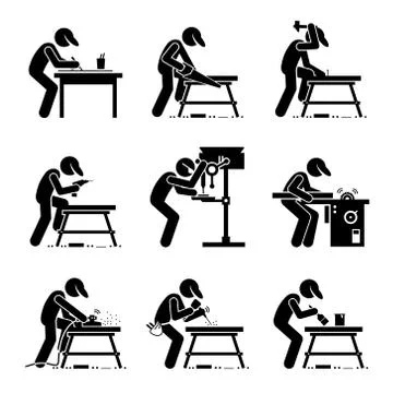 Carpenter using Woodworking Tools and Equipment with a Workbench at a Workshop Ilustración de archivo