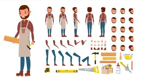 Carpenter Vector. Animated Professional Character Creation Set. Workshop, Wood Illustrazione stock