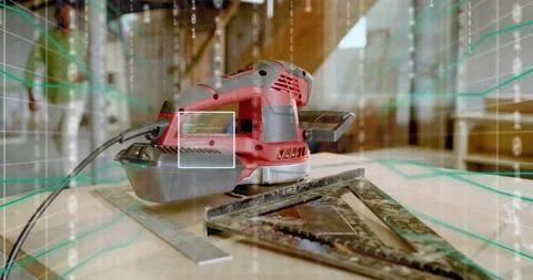 Carpenter walking in carpentry workshop initiating 3D scan around red orbital Stock Footage 316183780