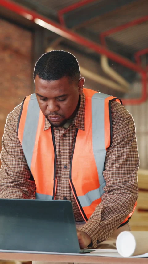 Carpenter, warehouse and black man with laptop for lumber production, shipping Stock Footage 343817466