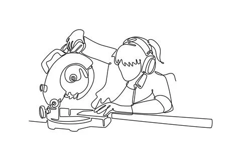 Carpenter woman using circular saw to cutting wood plank 스톡 일러스트