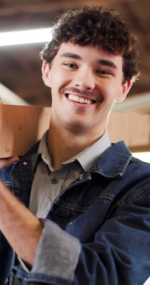 Carpenter, wood and face of man in warehouse for woodworking, factory manager Stock Footage 340760041