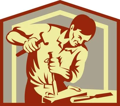 Carpenter at work with chisel Imagery shows a carpenter at work chiseling ... Stockfoto's