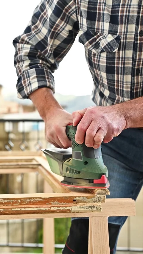 Carpenter at work, restoring an old wooden window. Carpentry. Stock Footage 327482221
