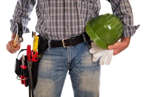 Carpenter with work tools on a white background. Foto stock