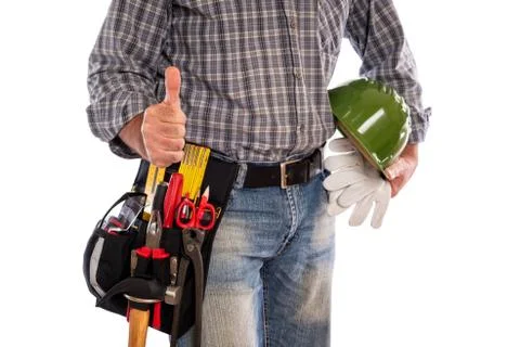 Carpenter with work tools on a white background. 스톡 사진