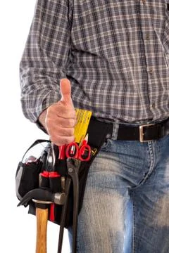Carpenter with work tools on a white background. Foto stock