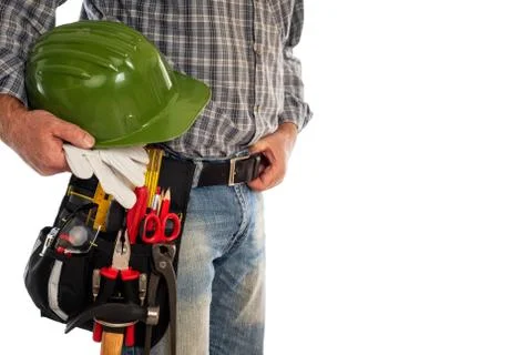 Carpenter with work tools on a white background. Stock Photos