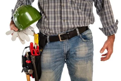 Carpenter with work tools on a white background. 스톡 사진