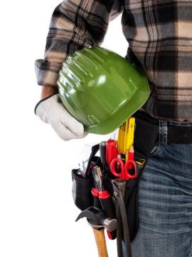 Carpenter with work tools on a white background. Carpentry. Stock Photos