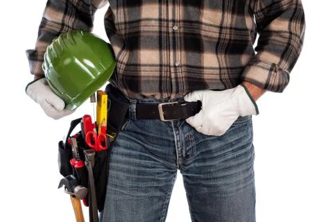Carpenter with work tools on a white background. Carpentry. Stock-Fotos