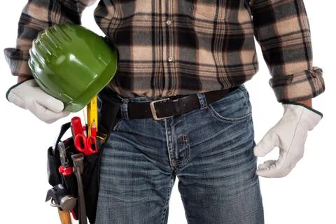 Carpenter with work tools on a white background. Carpentry. Foto stock