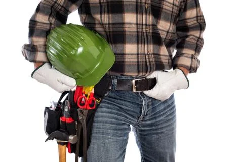 Carpenter with work tools on a white background. Carpentry. Stock Photos