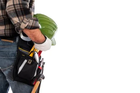 Carpenter with work tools on a white background. Carpentry. Stock Photos