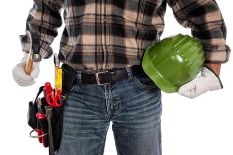 Carpenter with work tools on a white background. Carpentry. Stock Photos
