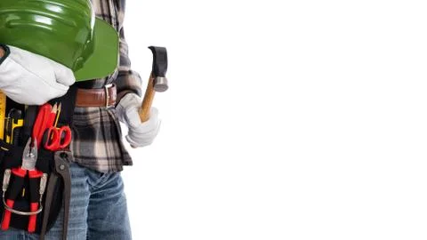 Carpenter with work tools on a white background. Carpentry. Stock Photos
