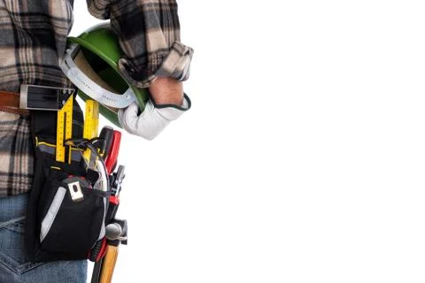 Carpenter with work tools on a white background. Carpentry. Stock Photos