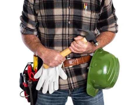 Carpenter with work tools on a white background. Carpentry. Stock Photos