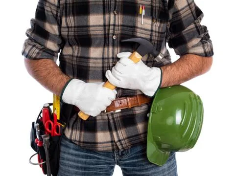 Carpenter with work tools on a white background. Carpentry. Stock Photos