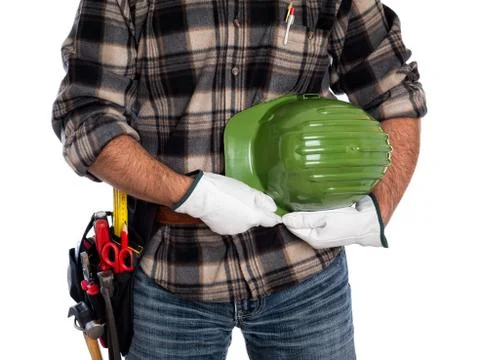 Carpenter with work tools on a white background. Carpentry. Foto stock