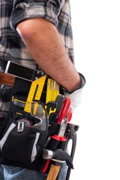 Carpenter with work tools on a white background. Carpentry. Foto stock