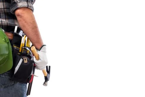 Carpenter with work tools on a white background. Carpentry. Stock-Fotos