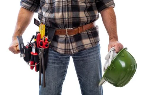 Carpenter with work tools on a white background. Carpentry. Stock Photos