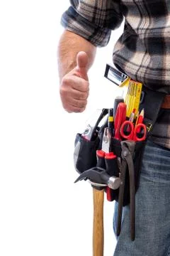 Carpenter with work tools on a white background. Carpentry. Stock-Fotos