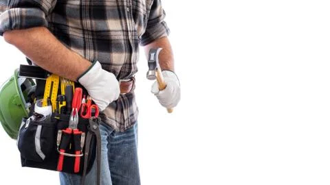 Carpenter with work tools on a white background. Carpentry. Stock Photos