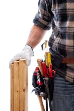Carpenter with work tools on a white background. Carpentry. Stock-Fotos