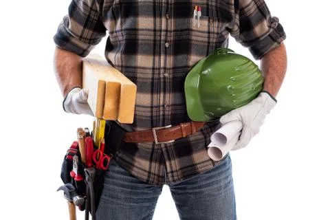 Carpenter with work tools on a white background. Carpentry. Stock Photos