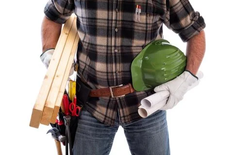 Carpenter with work tools on a white background. Carpentry. Stock Photos