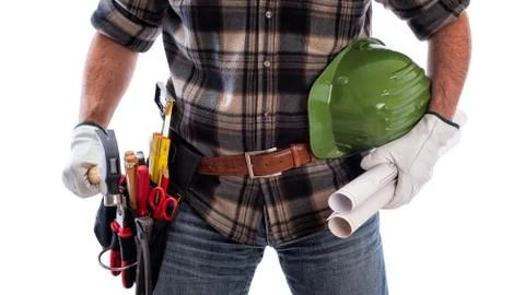 Carpenter with work tools on a white background. Carpentry. Stock-Fotos