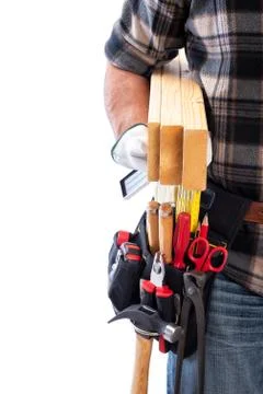 Carpenter with work tools on a white background. Carpentry. Stock Photos