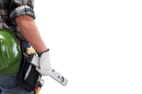 Carpenter with work tools on a white background. Carpentry. Stock Photos