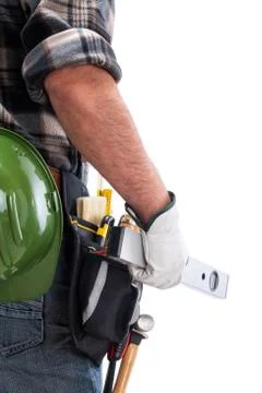 Carpenter with work tools on a white background. Carpentry. Stock-Fotos