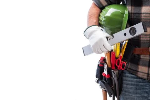 Carpenter with work tools on a white background. Carpentry. Stock Photos