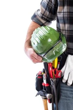Carpenter with work tools on a white background. Carpentry. Stock Photos