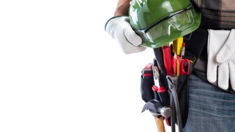 Carpenter with work tools on a white background. Carpentry. Stock Photos