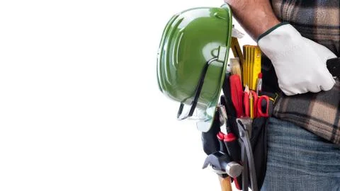 Carpenter with work tools on a white background. Carpentry. Stock-Fotos
