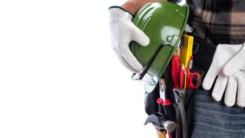 Carpenter with work tools on a white background. Carpentry. Foto stock