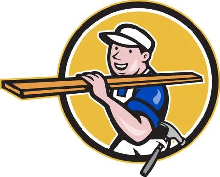 Carpenter worker carrying timber circle cartoon. Stock Illustration