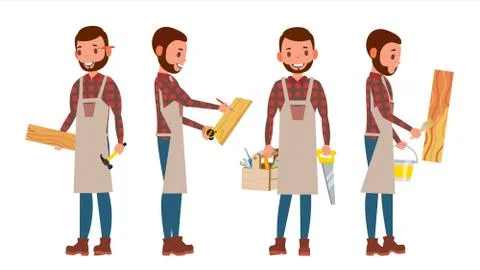Carpenter . Worker. Different Poses. Full Length. Flat Cartoon Illustration Stock Illustration