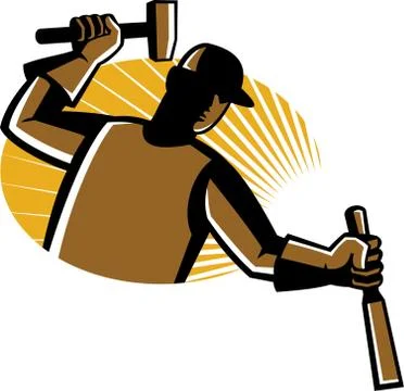 Carpenter worker with hammer and chisel. Stock Illustration