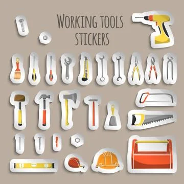 Carpenter working tools icons stickers Stock Illustration
